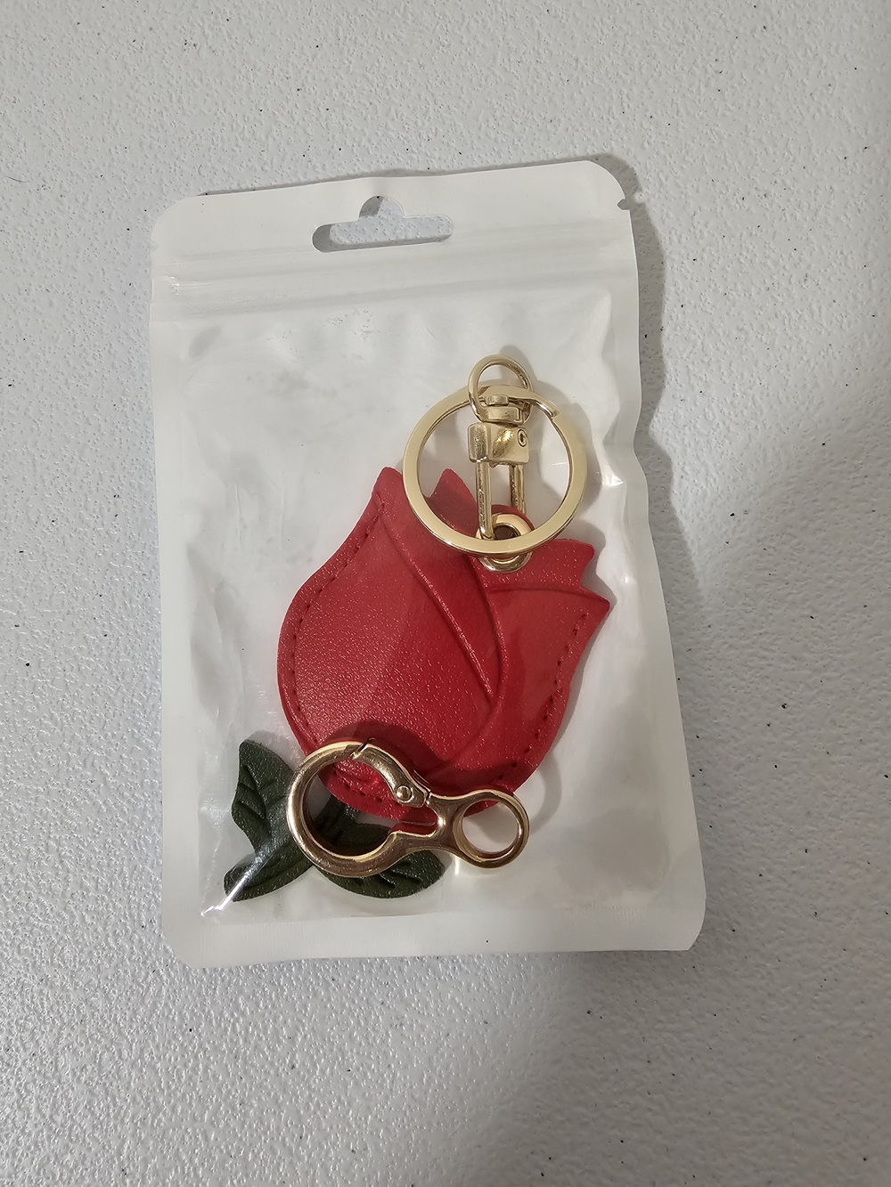 Red Solid Faux Leather AirTag Key Chain w/ Gold Tone Metal Key Ring